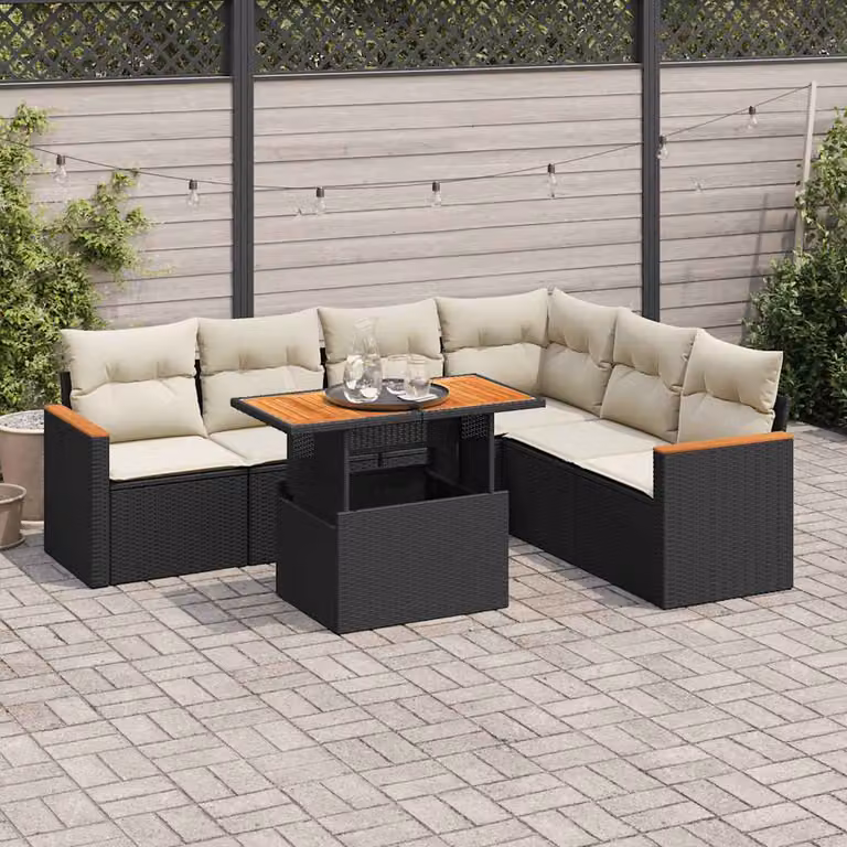 Set Divani da Giardino vidaXL a Forma a L con Cuscini e Tavolino, Polyrattan e Legno di Acacia, Nero e Bianco, 7 Pezzi
