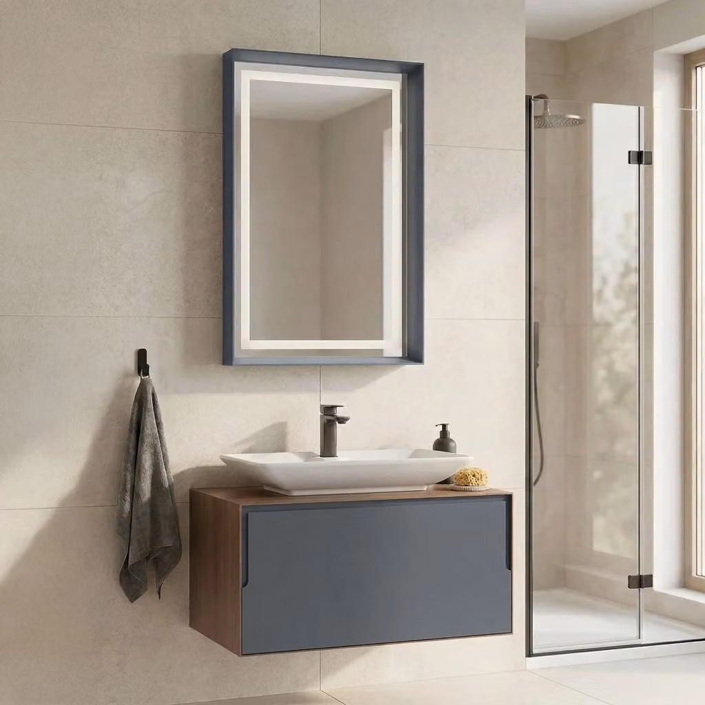 Set mobile lavabo con specchio Hanah Home moderno con illuminazione LED, 2 pezzi, L/P/H: 60 x 50 x 40 cm, Marrone/Antracite/Bianco – 2