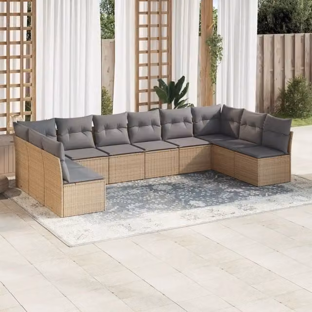 Set Divano da Giardino 10 pz con Cuscini Beige in Polyrattan 3218089