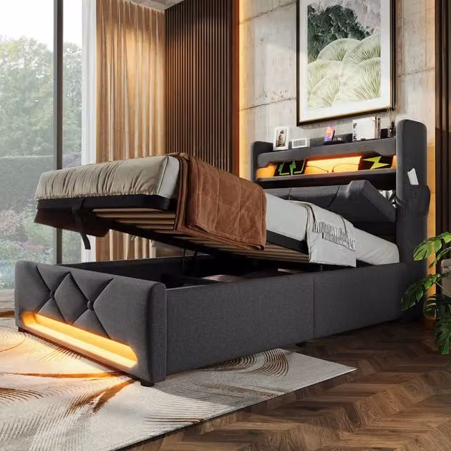 Letto Singolo Imbottito Contenitore con LED e USB ¨C MINIMAL ¨C Grigio, Tessuto, 90x200