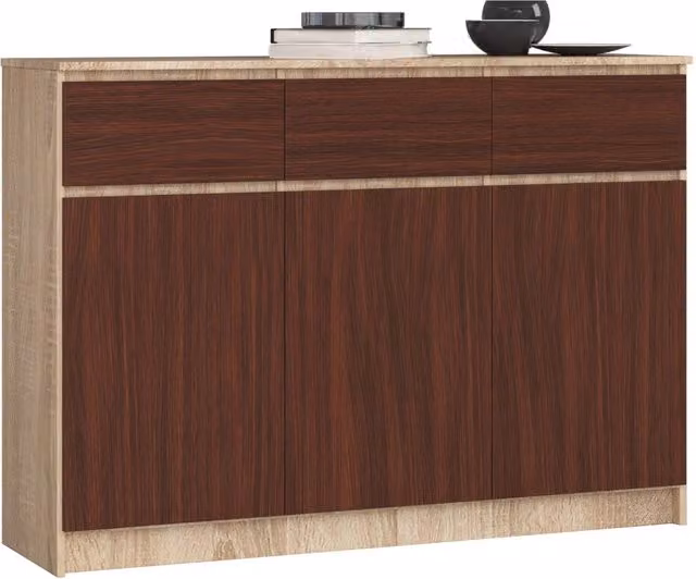 Cassettiera AKORD K140 Sonoma Quercia 138 cm 3 ante 3 cassetti inserto frontale Wengé 138x40x99 cm