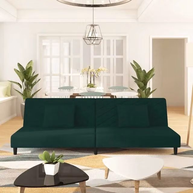Divano Letto Click-Clack a 2 Posti vidaXL in Velluto Verde con Cuscini e Struttura in Legno Massiccio L: 200 cm, P: 84,5 cm, H: 69 cm – 1