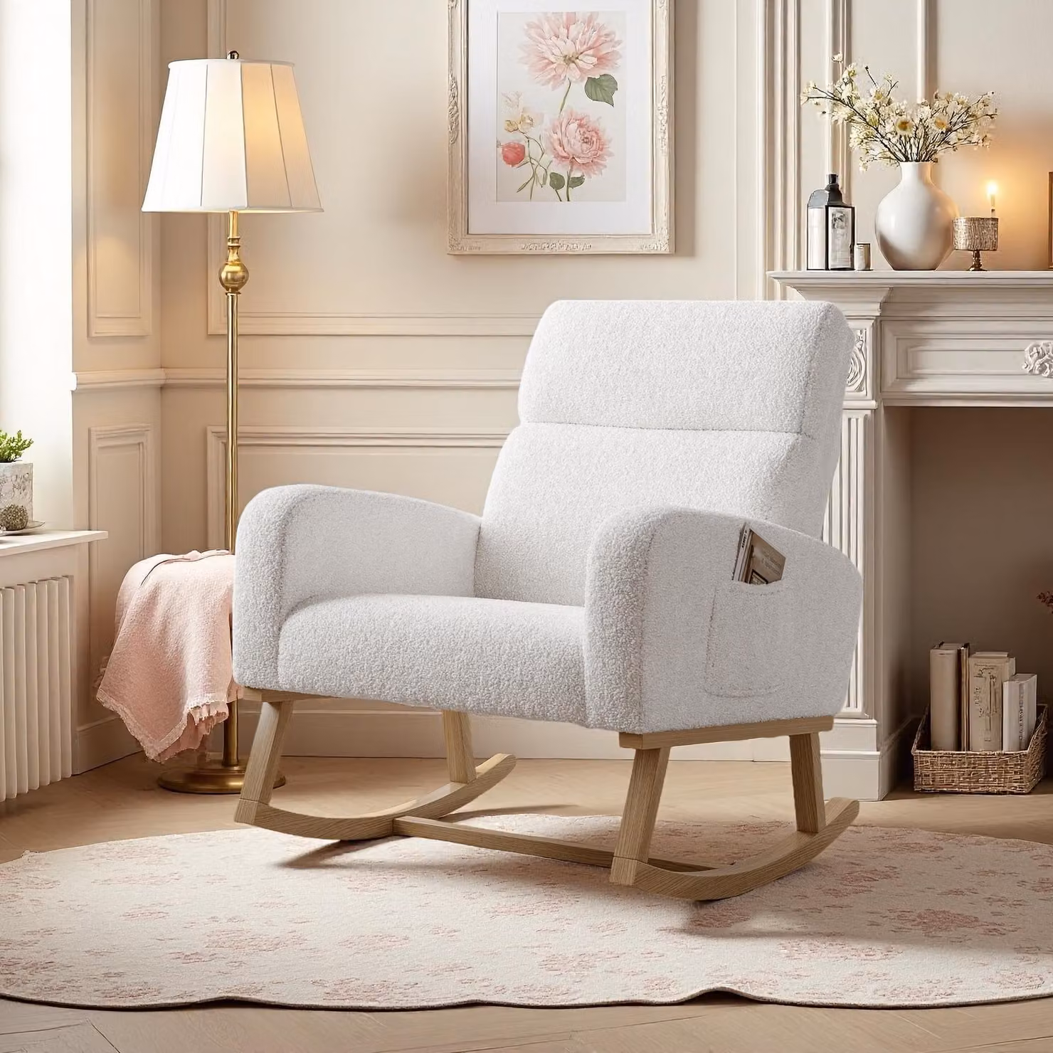 Sedia a dondolo UnboxG con funzione reclinabile, soffice poltrona da lettura e poltrona per l'allattamento, sedia a dondolo con braccioli in legno, caricabile fino a 150 kg, ideale per salotto, giardino e balcone - bianco