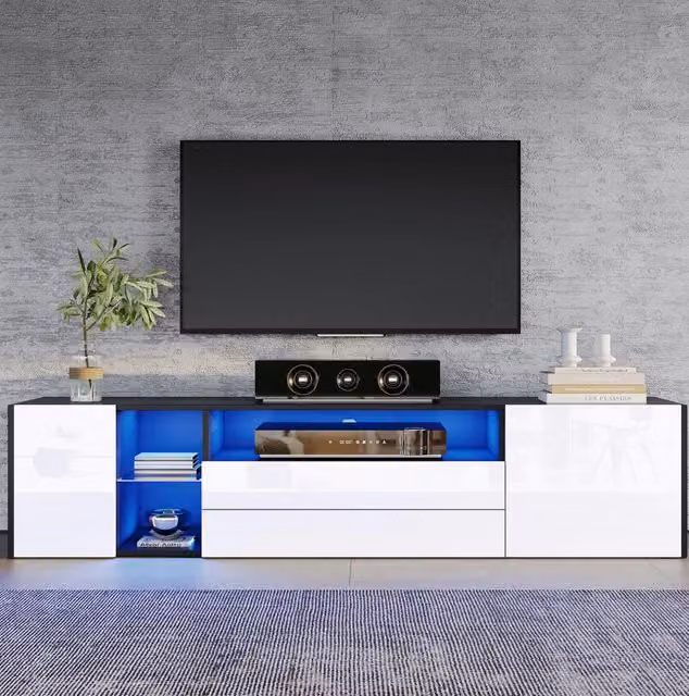 Mobile TV 180x40x45 cm con LED; 2 cassetti e 2 vani; bianco/nero