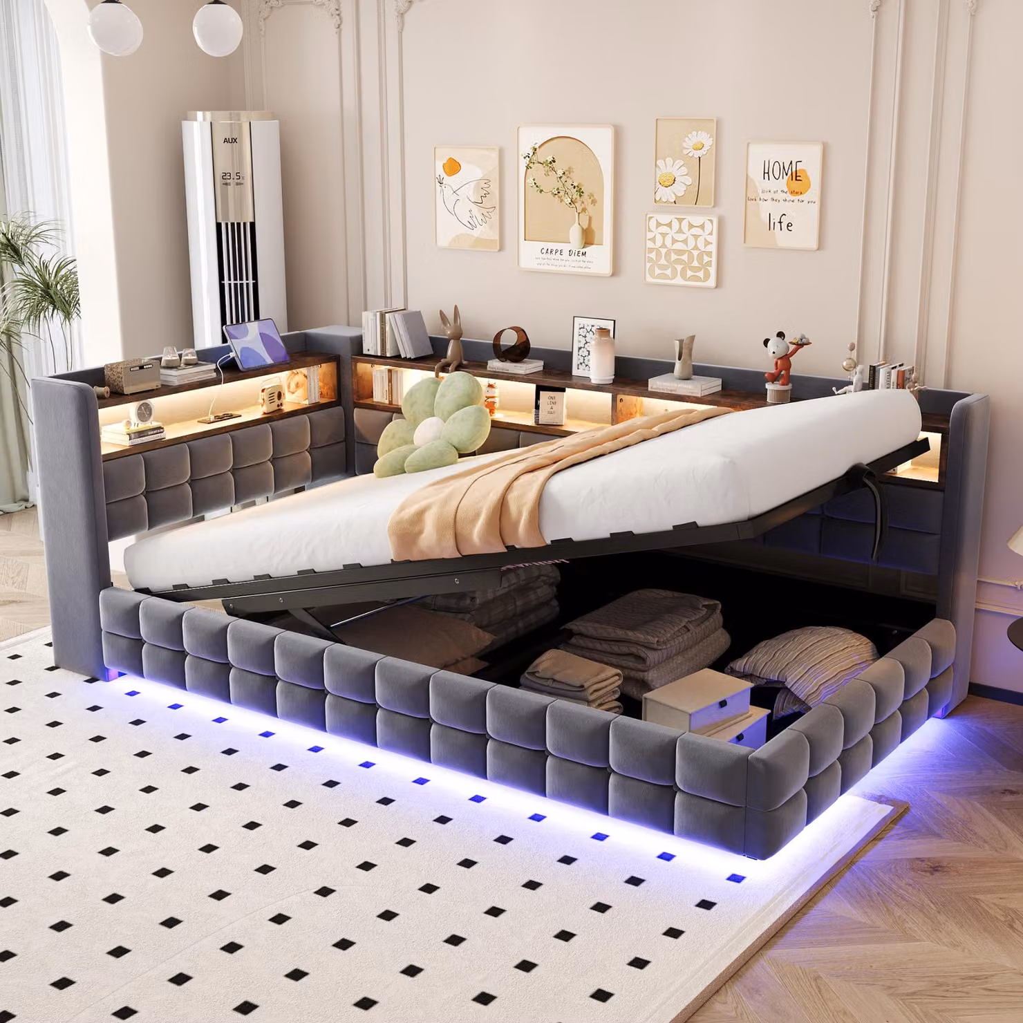 Letto imbottito Modfu, divano letto 90x200 cm con porte di ricarica USB e di tipo C, letto singolo con illuminazione LED, struttura del letto con spazio contenitore a sollevamento idraulico, mensola in legno (materasso incluso), colore grigio scuro