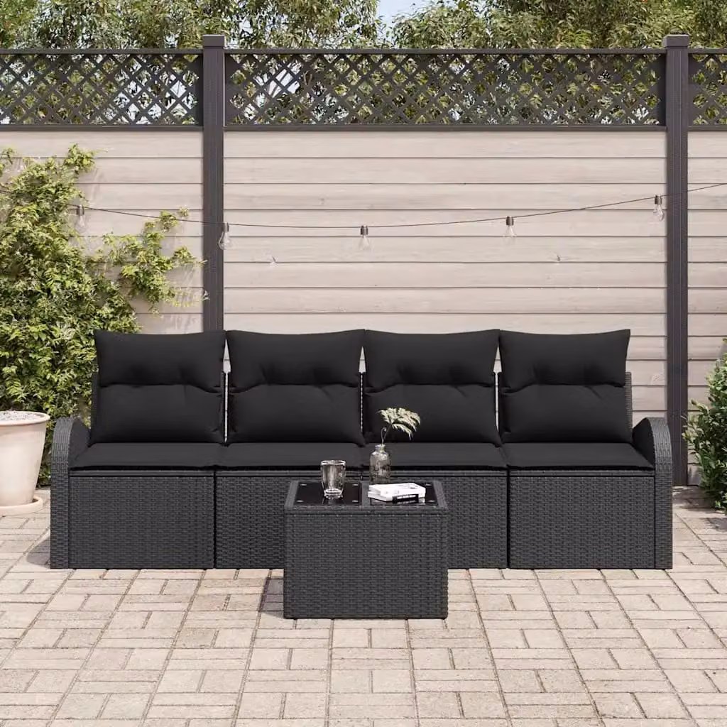 Set Divano da Giardino vidaXL a 5 pezzi in Polyrattan e Acciaio Nero con Cuscini e Tavolino – 1