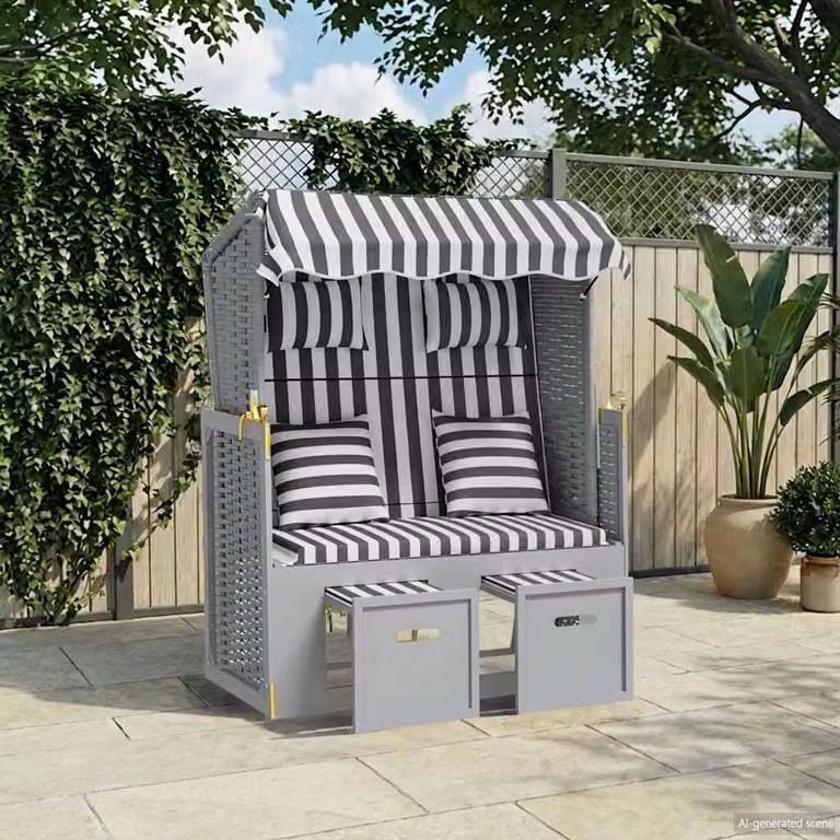 vidaXL Strandkorb in Polyrattan e Legno di Abete con Tendalino e Cuscini a Righe Grigio e Bianco