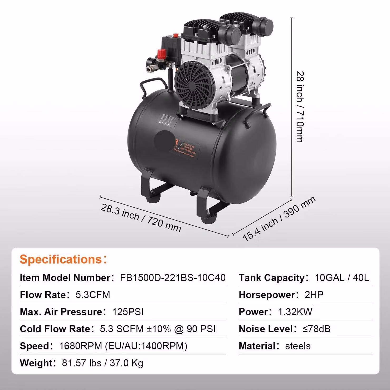 Compressore d'aria silenzioso - Compressore - Compressore d'aria - Pompa per pneumatici - Compressore elettrico - 1,32 kW - 78 dB
