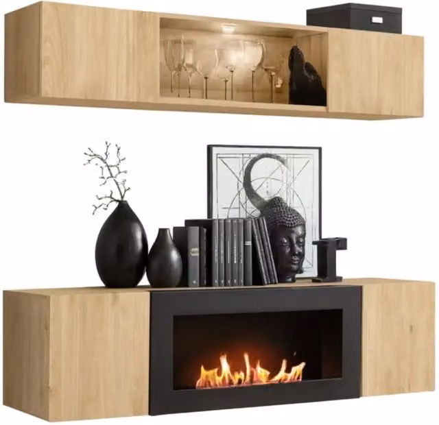 Composizione murale FLY – Rovere chiaro – Vetrina orizzontale parzialmente vetrata e mobile TV con camino bio-etanolo