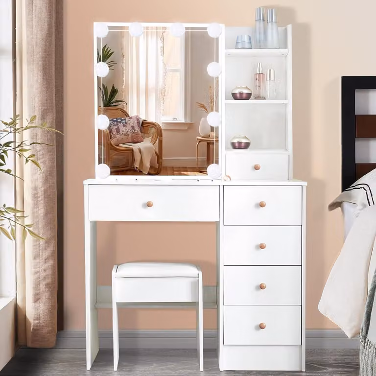 Comò da trucco con illuminazione e sgabello, 6 cassetti, 6 scomparti, bianco, 80 x 130 cm