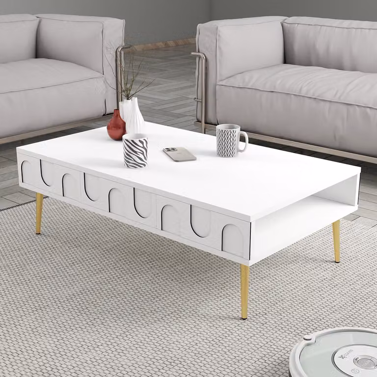 Skye Decor, Lione 33 - Bianco, Oro, Tavolino, Bianco, 100% PANNELLI DI PARTICELLE RIVESTITI IN MELAMMINA, 105 x 60 x 33,6 cm