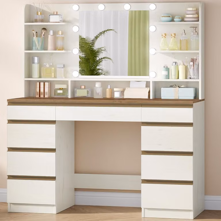Comò da trucco con 10 luci LED, 3 tonalità di luce, specchio, 9 cassetti e ampio spazio di stoccaggio