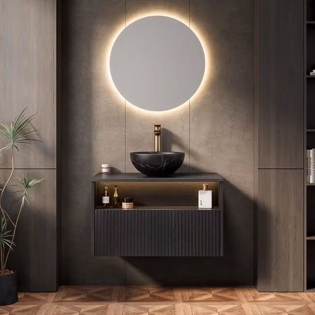 Mobile sottolavabo sospeso con lavabo in ceramica LED a sensore cassetto e vano aperto chiusura ammortizzata nero