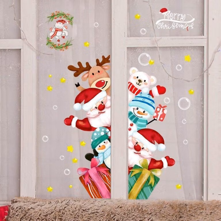 Adesivi per finestre a tema natalizio, con immagini di Babbo Natale e renne, ideali per la decorazione natalizia