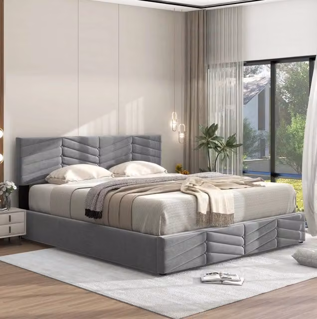 Letto matrimoniale contenitore ULEVR 140x200 cm con sollevamento idraulico, testiera regolabile in velluto grigio