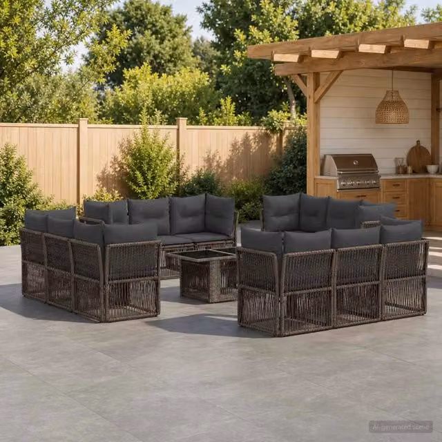 Set Divano da Giardino Moderno vidaXL Grigio con Cuscini e Tavolino in Polyrattan e Acciaio