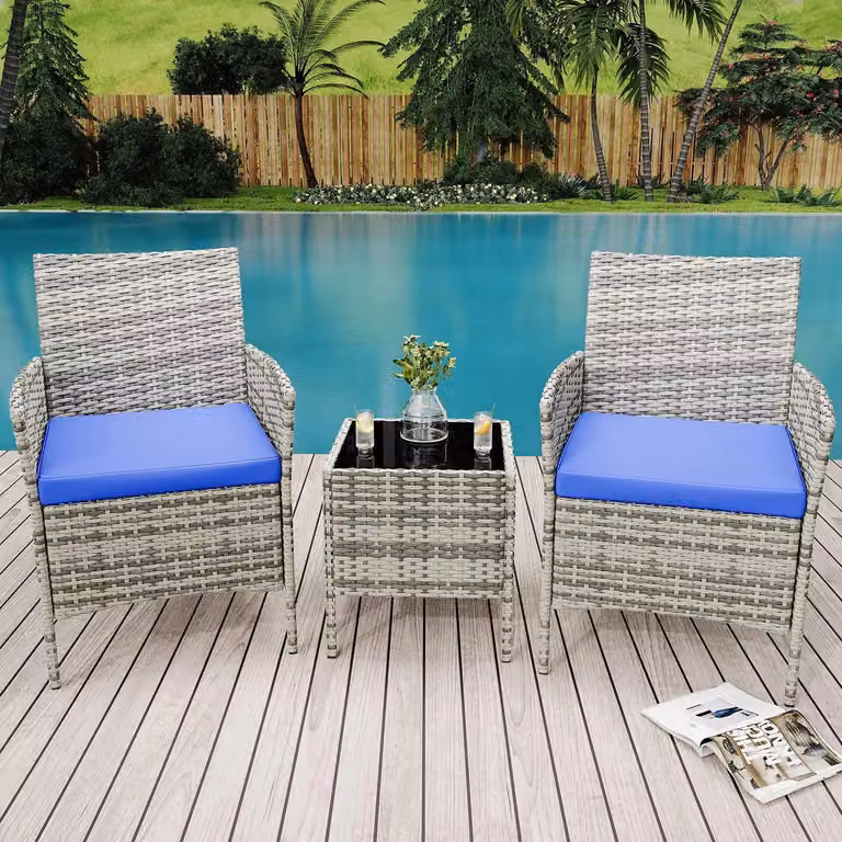 Set da esterno per bistro composto da 3 elementi: set di mobili da giardino in rattan sintetico (PE) e struttura in metallo, comprensivo di 2 sedie con cuscini e un tavolo in vetro, ideale per balcone, terrazza e giardino, colore grigio-blu