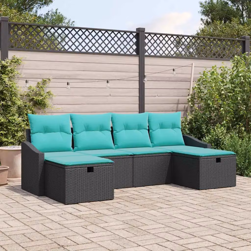 Set Divano da Giardino vidaXL 6 Pezzi a Forma di L con Poltrona e Ottoman, Colore Beige e Turchese, Struttura in Acciaio e Polyrattan Resistente alle Intemperie