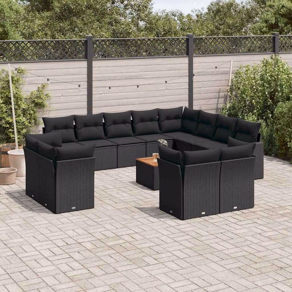 Set di divani da giardino vidaXL in polyrattan nero con cuscini e tavolino da esterno a forma di U – 1