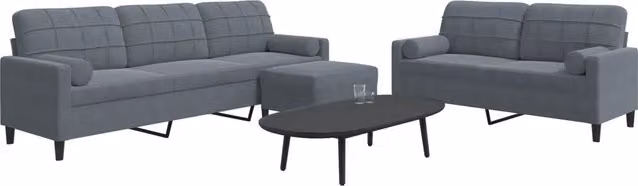 Set di divani moderno vidaXL in velluto grigio composto da divano a 3 posti, divano a 2 posti e pouf con cuscini e struttura in metallo