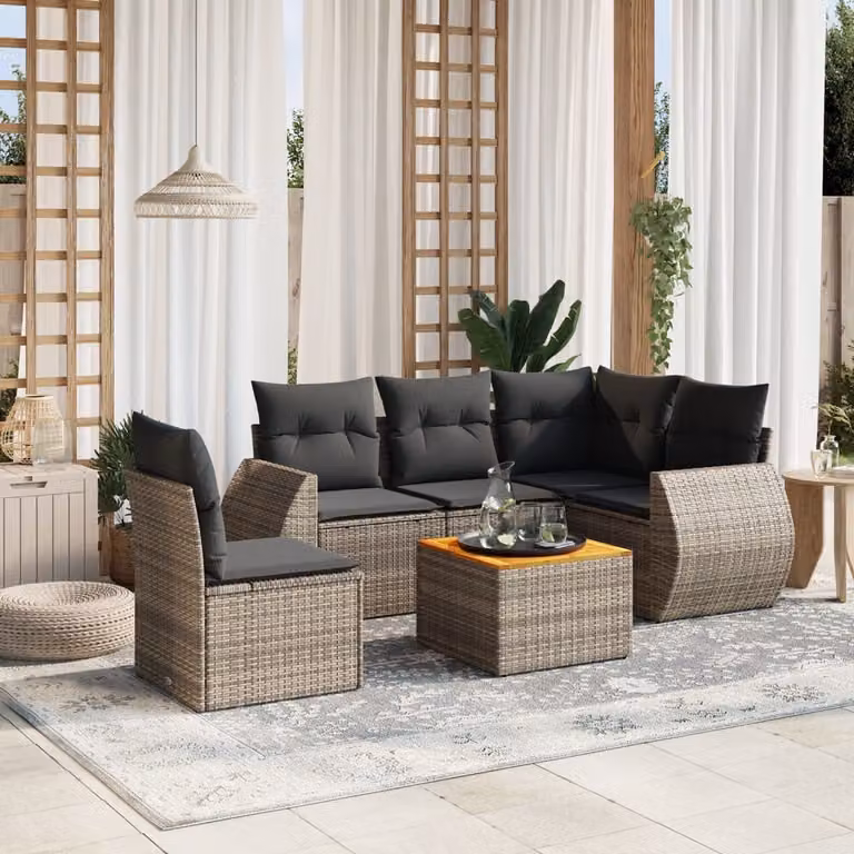 Set Divano da Giardino vidaXL 6 pz a L in Polyrattan Grigio con Cuscini e Tavolino