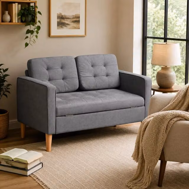 Divano a 2 posti Mivray con vano contenitore, rivestimento in tessuto grigio e struttura in legno, L: 117 cm, P: 62 cm, H: 78 cm – 1