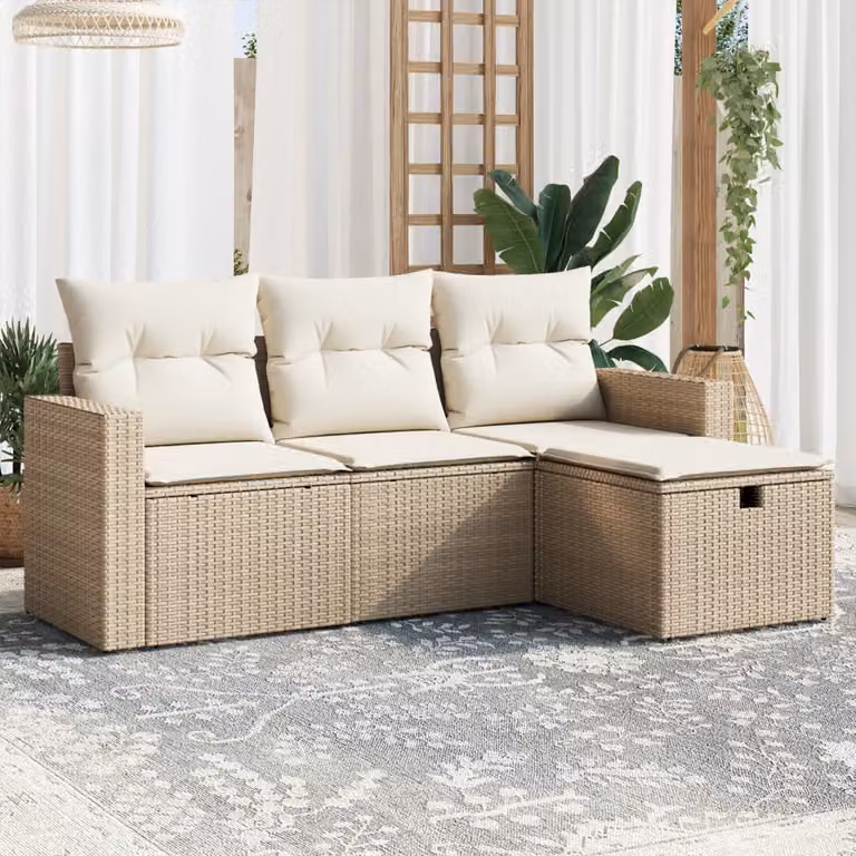 Set Divano da Giardino a L vidaXL 4 pz con Cuscini Beige in Polyrattan e Struttura in Acciaio