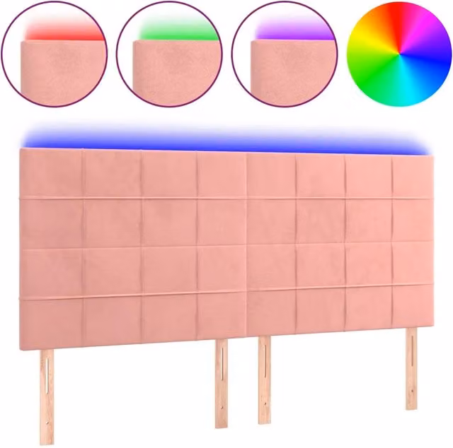 Testiera moderna in velluto rosa con illuminazione LED integrata e porta di ricarica USB, L: 200 cm, P: 5 cm, H: 118/128 cm – 1