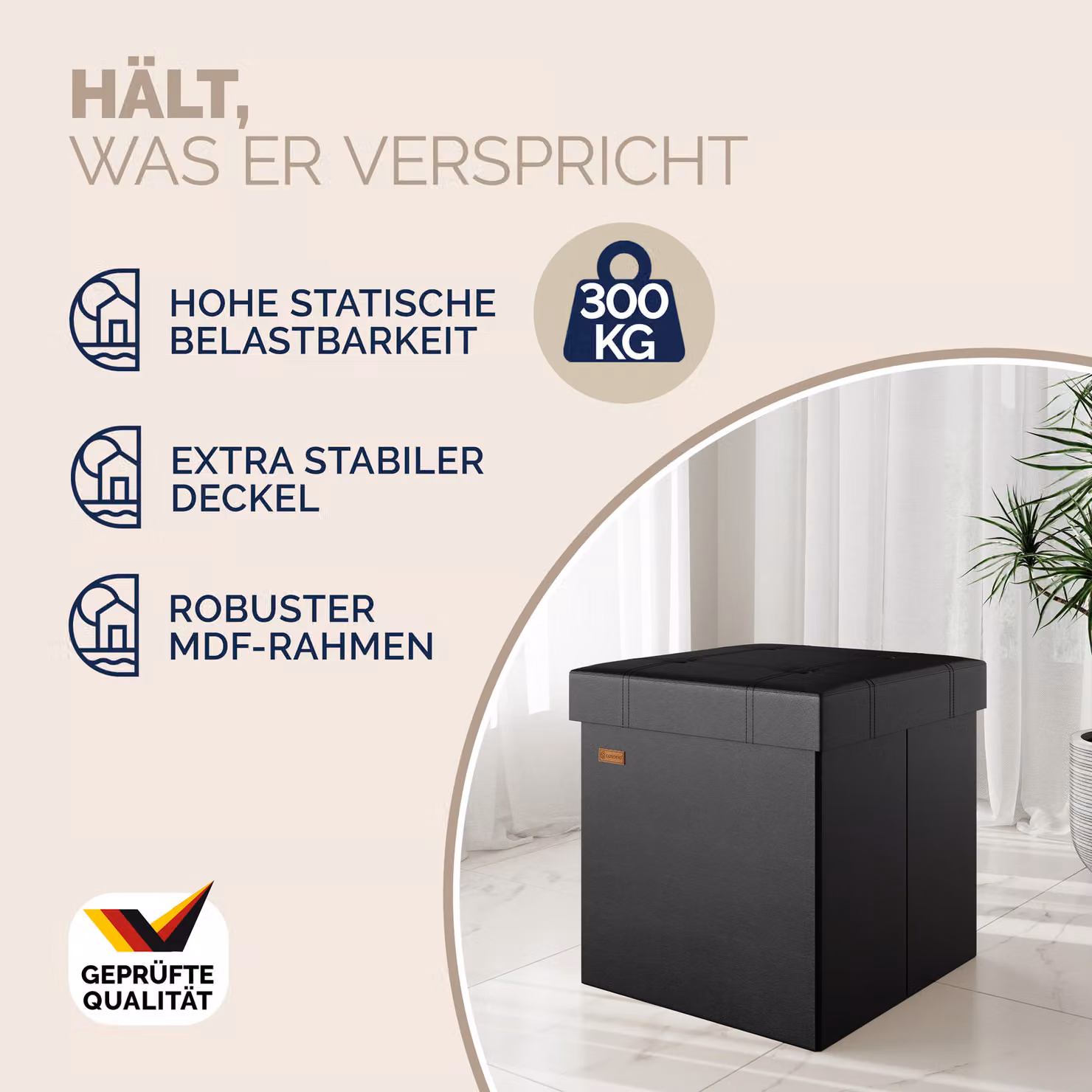 Pouf contenitore Casaria nero in ecopelle con rivestimento rimovibile L/P/H: 38 x 38 x 38 cm – 3