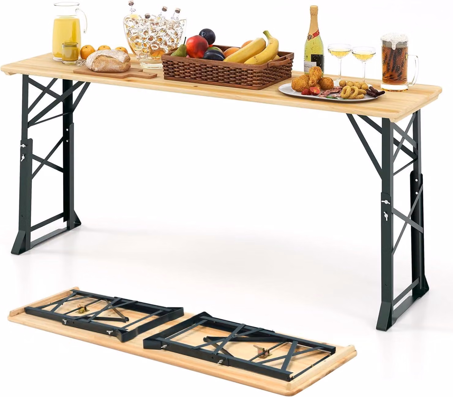 Tavolo da birreria pieghevole, tavolo da birreria regolabile in altezza 75 cm / 105 cm, tavolo da buffet da esterno con foro per ombrellone, naturale + nero