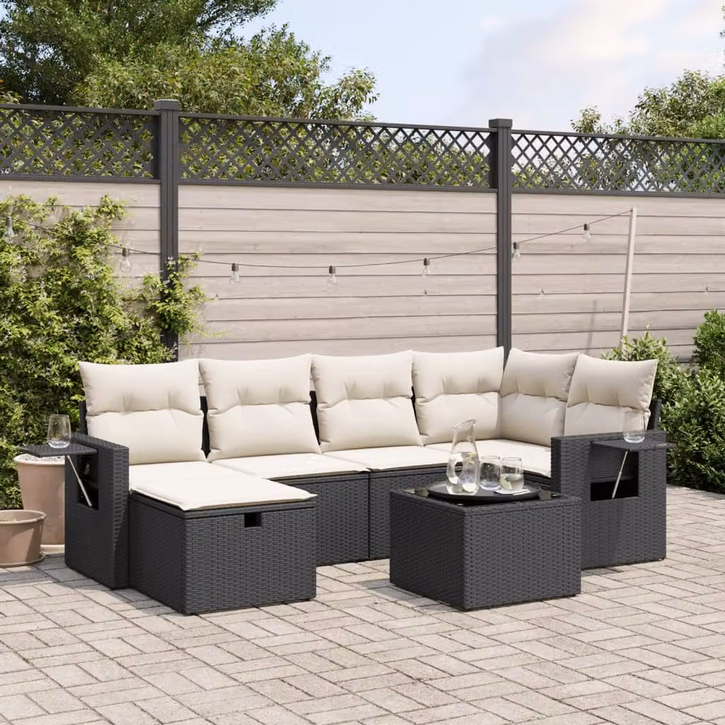vidaXL Set Divano da Giardino a L con 7 Cuscini, Polyrattan e Acciaio Nero con Tavolino e Ottoman – 1