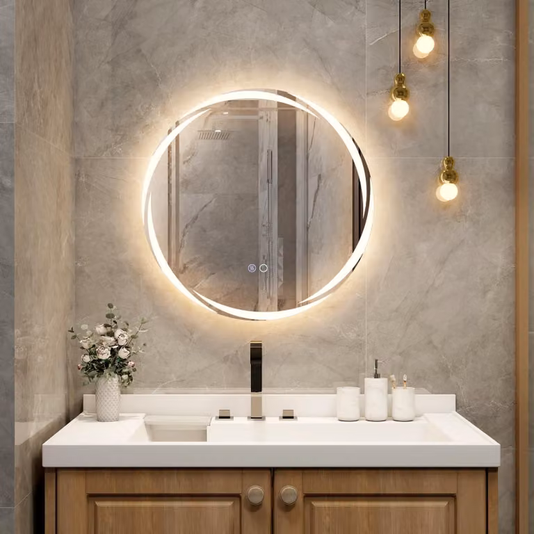 Specchio da bagno a LED, forma ovale, 60 cm, con funzione di regolazione dell'intensità luminosa, antigoccia e interruttore touch