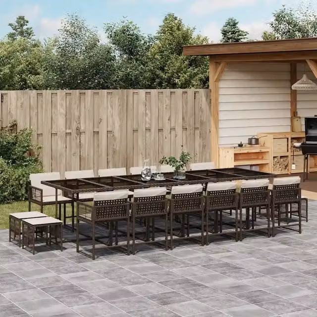 Set da pranzo da giardino vidaXL in polyrattan con cuscini e tavolo in vetro, 17 pezzi, marrone
