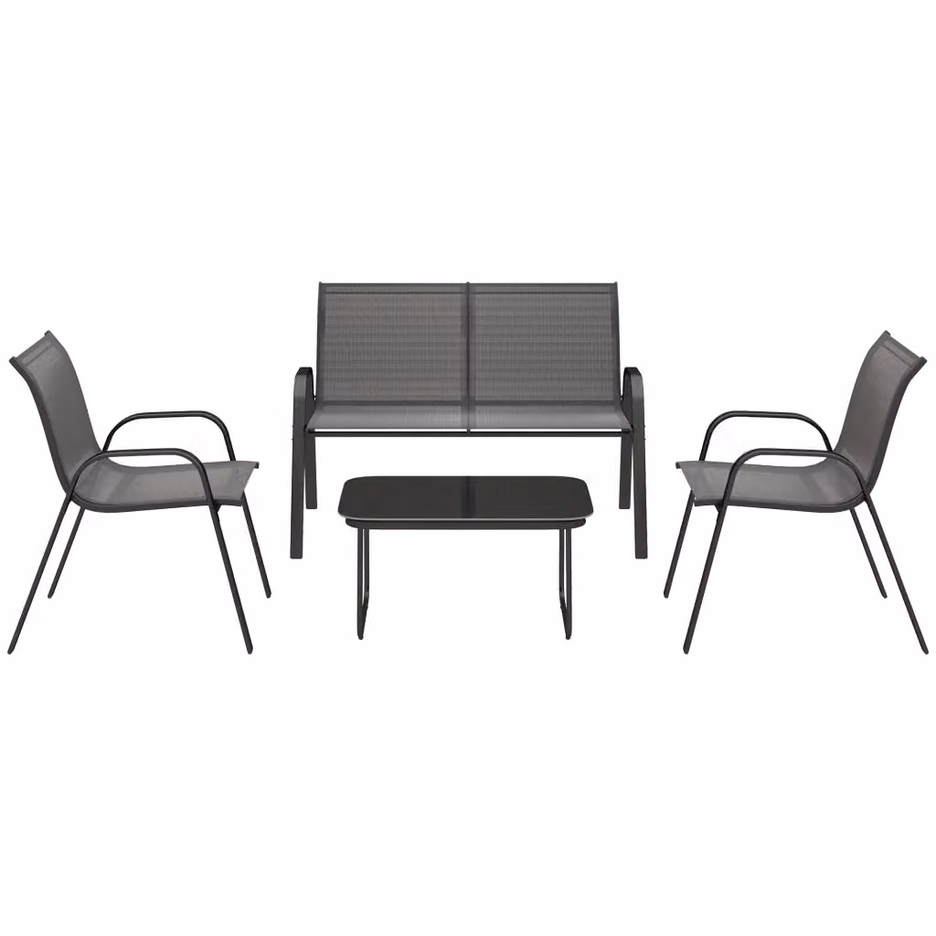 Set da Giardino Minimal Nero con Divano 2 Posti, 2 Poltrone e Tavolino in Vetro con Struttura in Acciaio e Cuscini in Textilene – 2