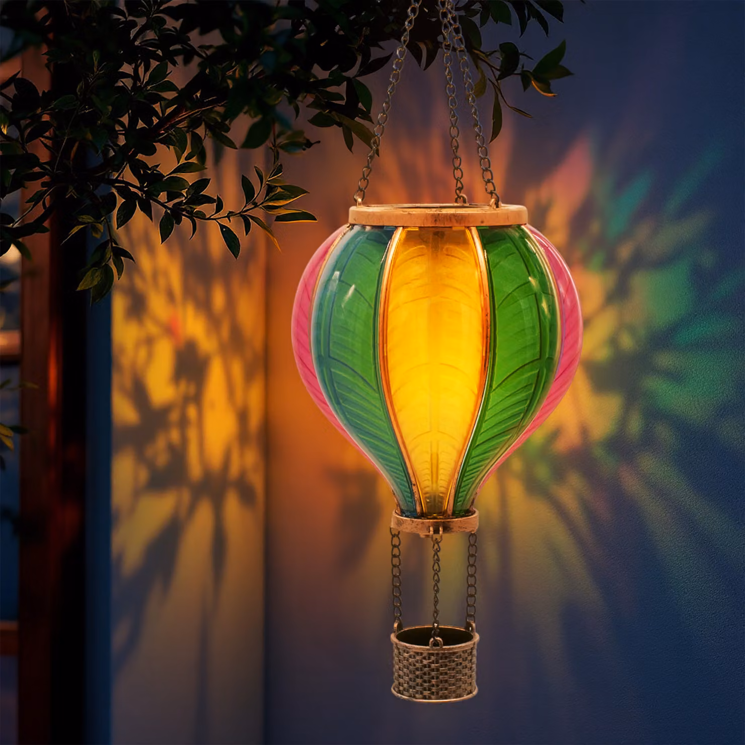 Lampada a LED solare a forma di mongolfiera colorata da appendere - 45 cm - Illuminazione da giardino con effetto fiamma, luce bianca calda