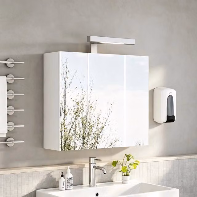 Armadio specchio da bagno a parete Minimal Bianco con ante LED e ripiani interni in vetro
