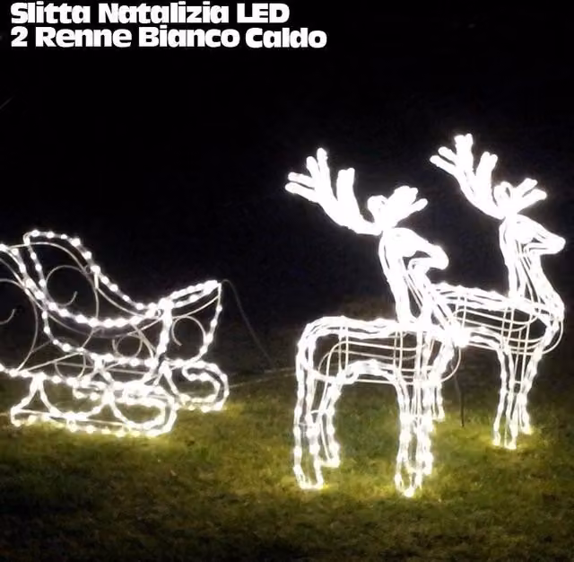Slitta Natalizia con 2 Renne Luminose LED Bakaji, Colore Bianco Caldo, per Uso Interno ed Esterno