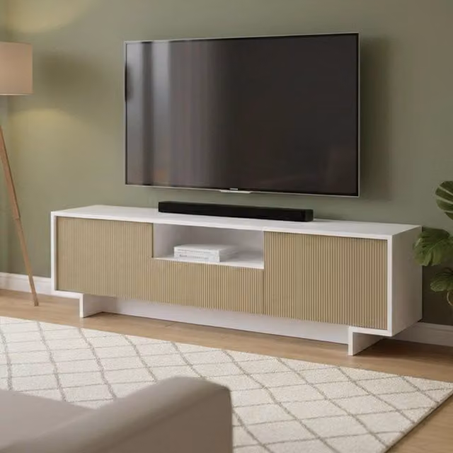 Mobile porta TV Atina DMORA Made in Italy, Bianco e Beige con un cassetto, L: 170 cm, P: 42 cm, H: 48 cm