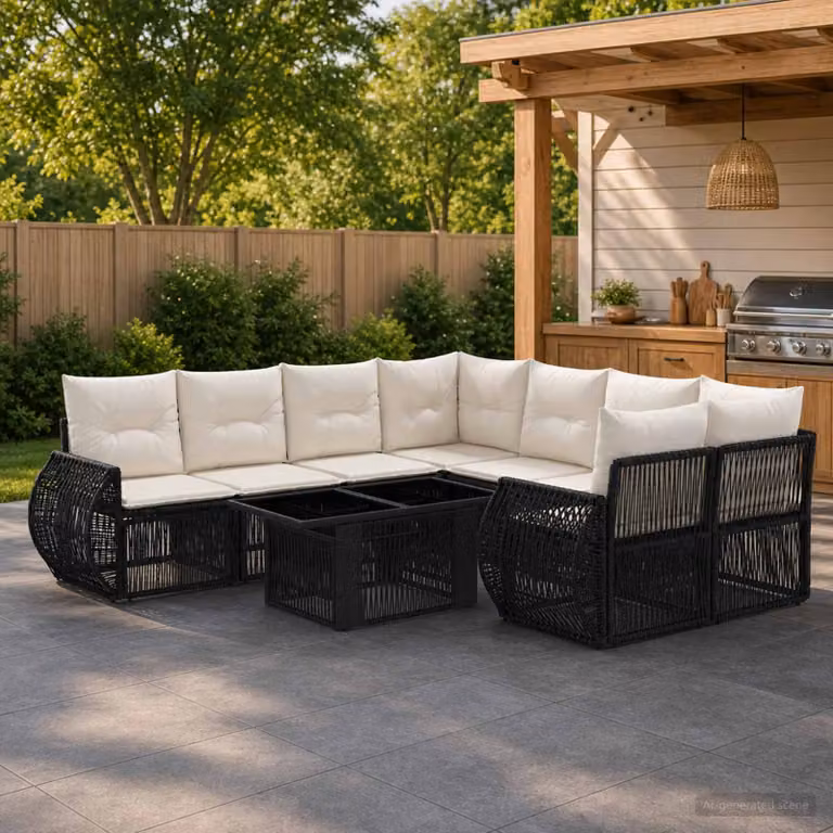 Set Divano da Giardino Moderno vidaXL in Polyrattan Nero e Bianco con Cuscini e Tavolino da Caffè a Forma di U