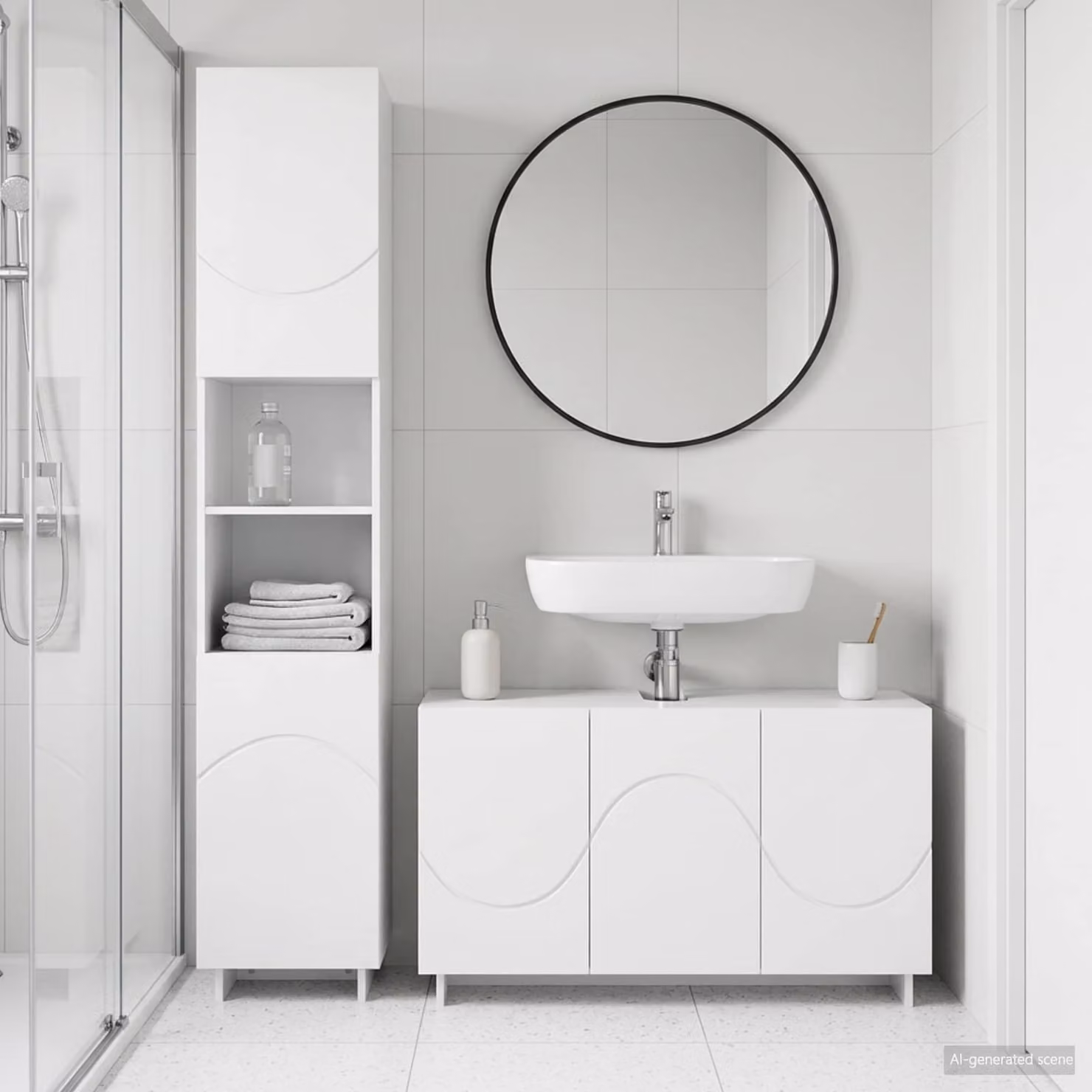 Set di mobili da bagno moderni vidaXL composto da mobile lavabo e colonna alta in MDF bianco lucido