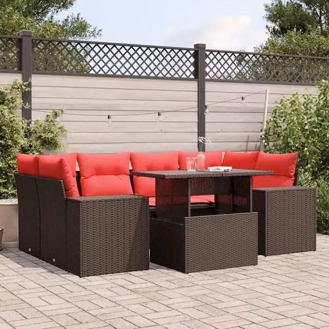 Set da giardino vidaXL composto da 7 pezzi con cuscini marroni e tavolino in vetro con struttura in polyrattan e metallo – 1