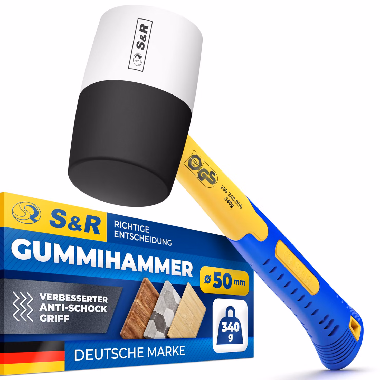 Martello in gomma S&R per pavimentazione, nero/bianco, 340g, professionale, in gomma naturale, con manico in fibra di vetro antiscivolo e ammortizzante, diametro 50mm. Martello in gomma per pavimentazione, adatto per piastrelle, mattoni, rivestimenti e ca