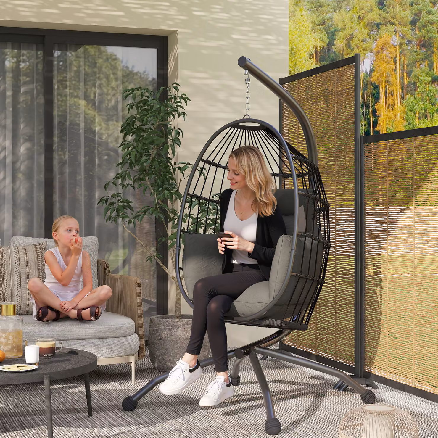 Outsunny Poltrona Sospesa a Uovo con Cuscini e Supporto in Acciaio, Nero e Grigio, L 120 cm x P 88 cm x H 192 cm – 2