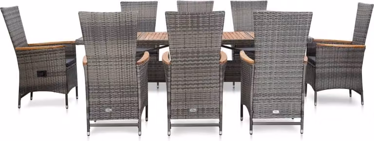 Set da Pranzo da Giardino 9 pz con Cuscini in Polyrattan Grigio