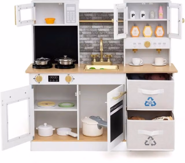 Cucinetta giocattolo in legno con fornelli con suoni e luci e macchina da caffè, set cucina di ruolo per bambini dai 3 anni in su, colore beige e bianco