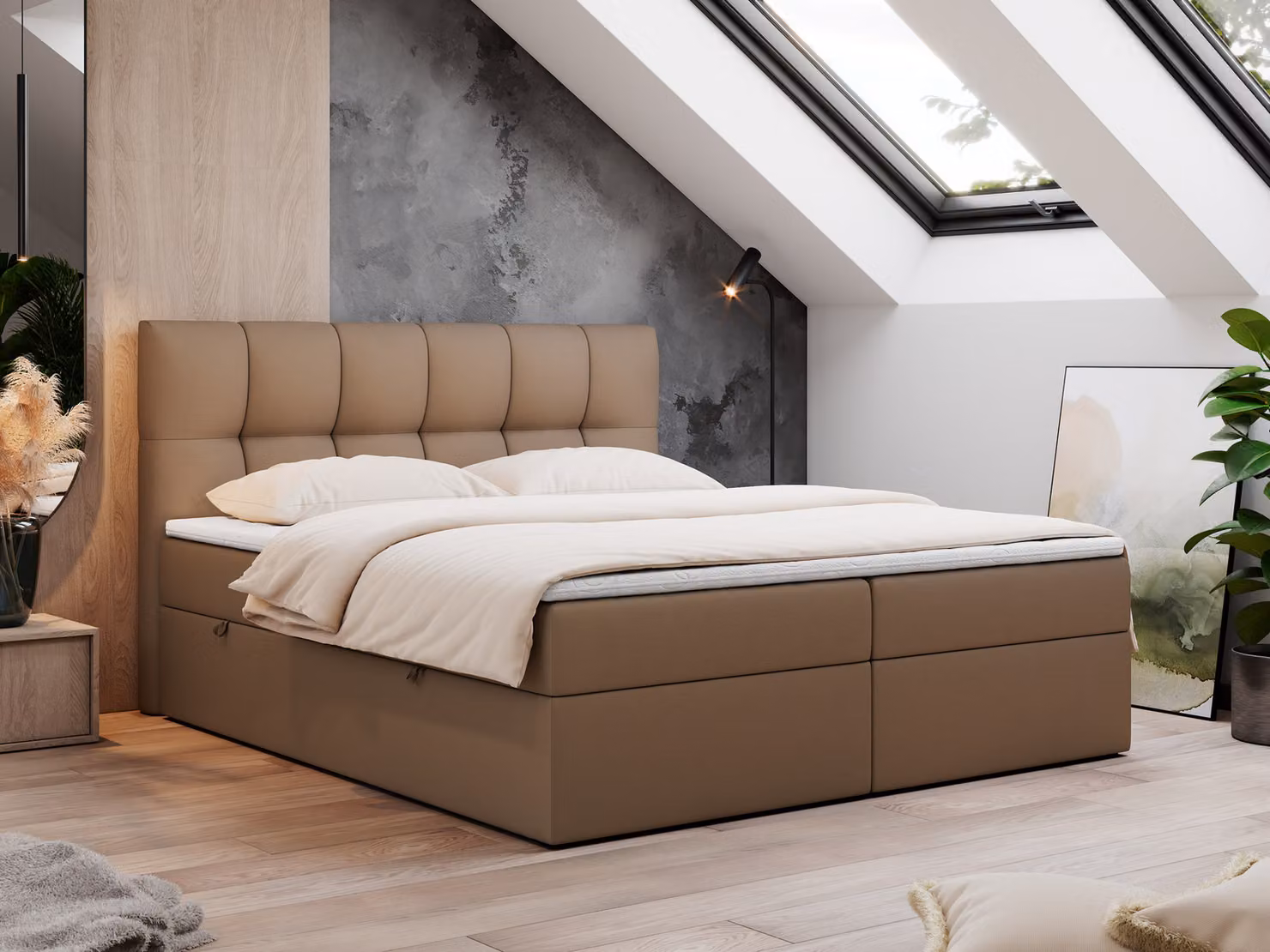 Letto con box contenitore 180x200, letto con sistema a molle insacchettate, materasso H3 e topper, letto imbottito 180x200 con box contenitore e testiera, letto con box e materasso H3 - RICO - 180x200 - Marrone - Ecopelle - H3