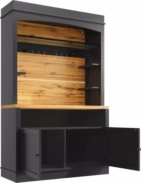 Mobile da cucina alto 107x43x184 cm con illuminazione LED e ripiani aperti, colore nero