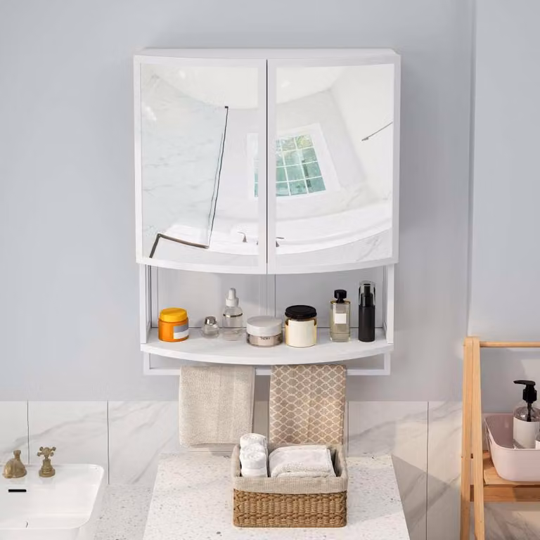 AIORBER 60cm Armadio a muro moderno a doppia anta con specchio infrangibile scaffale portasciugamani armadio corridoio armadio bagno scaffale a muro bianco