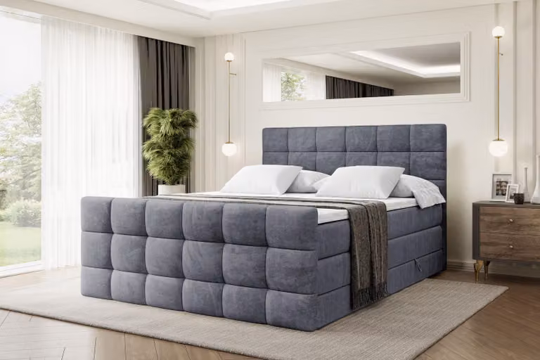 Letto boxspring ALTDECOR con materasso e rete a doghe - BRUGO -Z KING - 180x200 cm - Velluto grigio scuro - Coprimaterasso, pediera, letto imbottito con contenitore, letto con contenitore H3 e H4 - Materasso, letto matrimoniale, letto boxspring