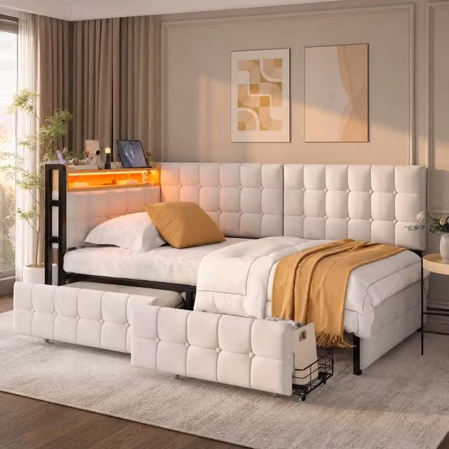 Divano letto imbottito 90x200 cm beige con LED, USB-C e 2 cassetti